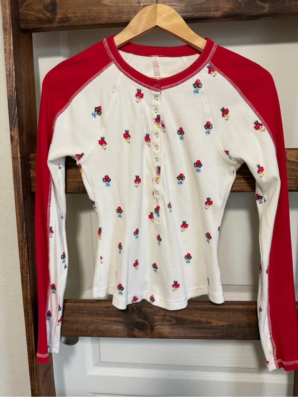 Free People White Henley with Red Raglan Sleeves and Floral Print